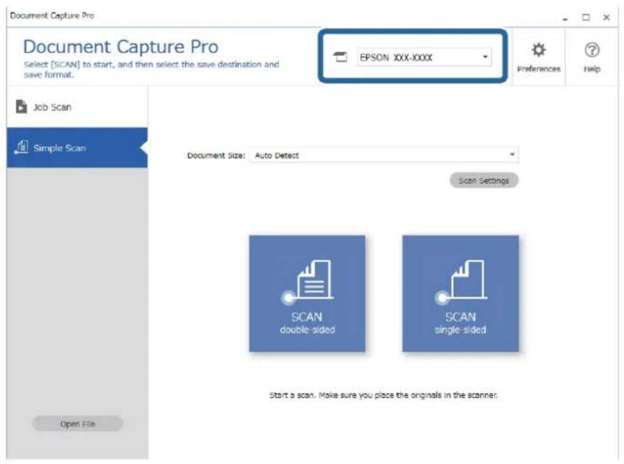 Document Capture Pro Select [SCAN] to start, and then select the save destination and save format. EPSON XXX-XXXX Job Scan Simple Scan Document Size: Auto Detect Scan Settings SCAN double-sided SCAN single-sided Start a scan. Make sure you place the originals in the scanner.