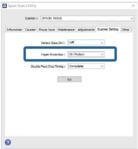 Epson Scan 2 Utility. Scanner: BPSON XXXXX. Tabs: Information, Counter, Power Save, Maintenance, Adjustments, Scanner Setting, Other. Detect Glass Dirt: Off. Paper Protection: On Medium. Double Fixed Stop Timing: Immediate. Set.