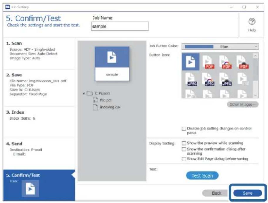 Job Settings 5. Confirm/Test Check the settings and start the test. Job Name: sample 1. Scan Source: ADF - Single-sided Document Size: Auto Detect Image Type: Auto 2. Save File Name: img20xxxxxx_001.pdf File Type: PDF Save in: C:\Users Separator: Fixed Page 3. Index Index Items: 6 4. Send Destinatio…
