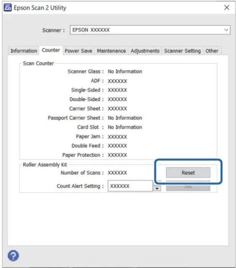 Epson Scan 2 Utility Scanner: EPSON XXXXXX Information Counter Power Save Maintenance Adjustments Scanner Setting Other Scan Counter Scanner Glass: No Information ADF: XXXXXX Single-Sided: XXXXXX Double-Sided: XXXXXX Carrier Sheet: XXXXXX Passport Carrier Sheet: No Information Card Slot: No Informat…