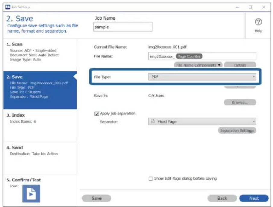 Job Settings 2. Save Configure save settings such as file name, format and separation. Job Name: sample Help 1. Scan Source: ADF - Single-sided Document Size: Auto Detect Image Type: Auto 2. Save File Name: img20xxxxxx_001.pdf File Type: PDF Save In: C:\Users Separator: Fixed Page 3. Index Index Ite…