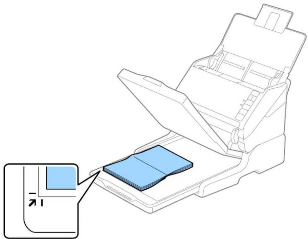 Diagram of a printer's internal structure showing paper feeding into a tray with a blue cover, with no visible text or symbols.