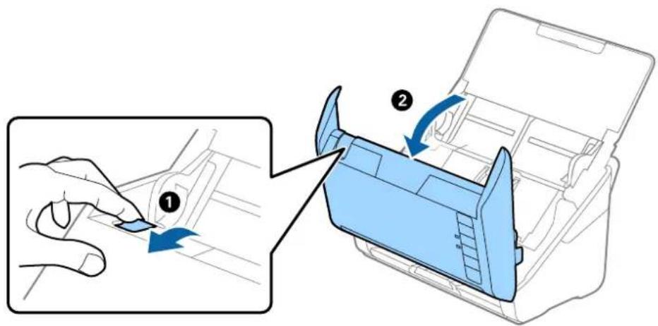 Diagram showing a hand pressing a component into a device with labeled parts and directional arrows indicating process steps.