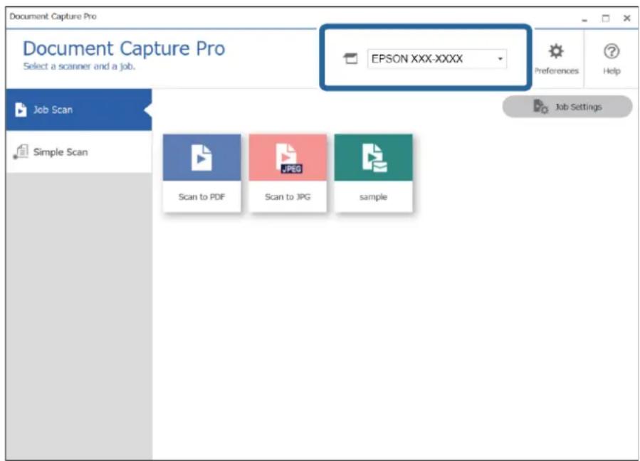 Document Capture Pro Select a scanner and a job. EPSON XXX-XXXX Job Scan Simple Scan Scan to PDF Scan to JPG sample Job Settings