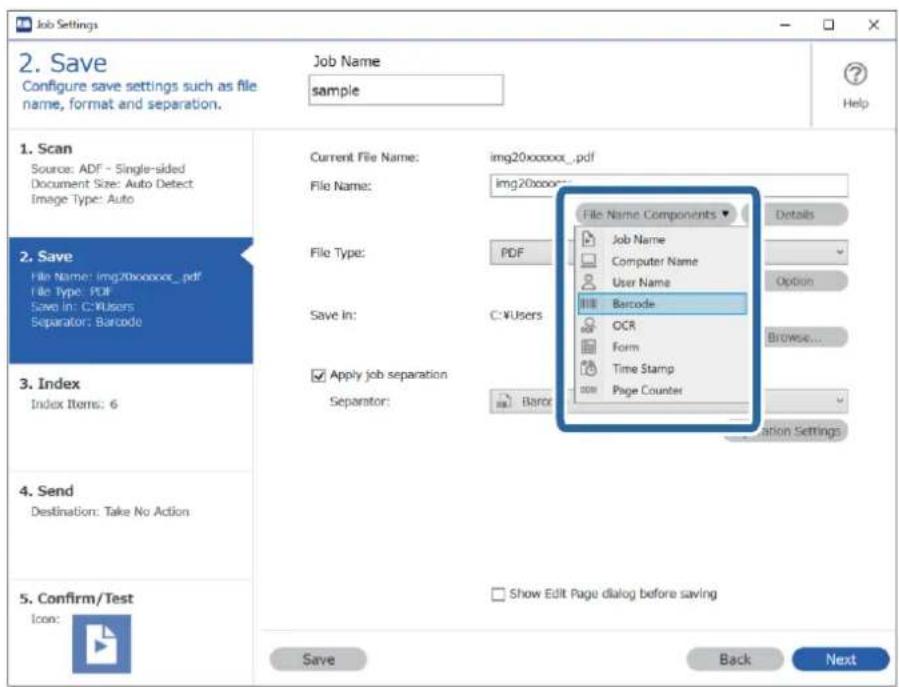 Job Settings 2. Save Configure save settings such as file name, format and separation. Job Name: sample Help 1. Scan Source: ADF - Single-sided Document Size: Auto Detect Image Type: Auto 2. Save File Name: img20xxxxxx.pdf File Type: PDF Save In: C:\Users Separator: Barcode 3. Index Index Items: 6 4…