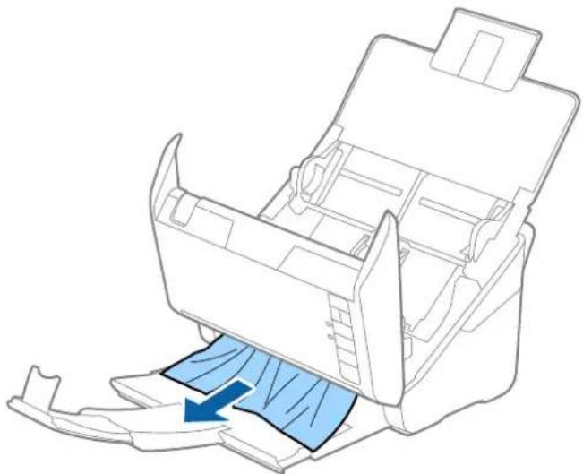 Diagram of a printer drawer with blue fabric being inserted, showing internal compartments and a blue arrow indicating the component (no text or symbols present).
