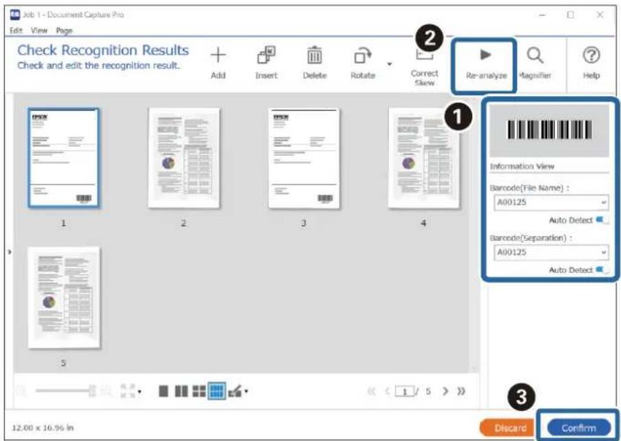 Job 1 - Document Capture Pro Edit View Page Check Recognition Results Check and edit the recognition result. Add Insert Delete Rotate Correct Skew Re-analyze Magnifier Help 1 2 3 4 Information View Barcode(File Name): A00125 Auto Detect Barcode(Separation): A00125 Auto Detect 5 12.00 x 16.96 In Disc…