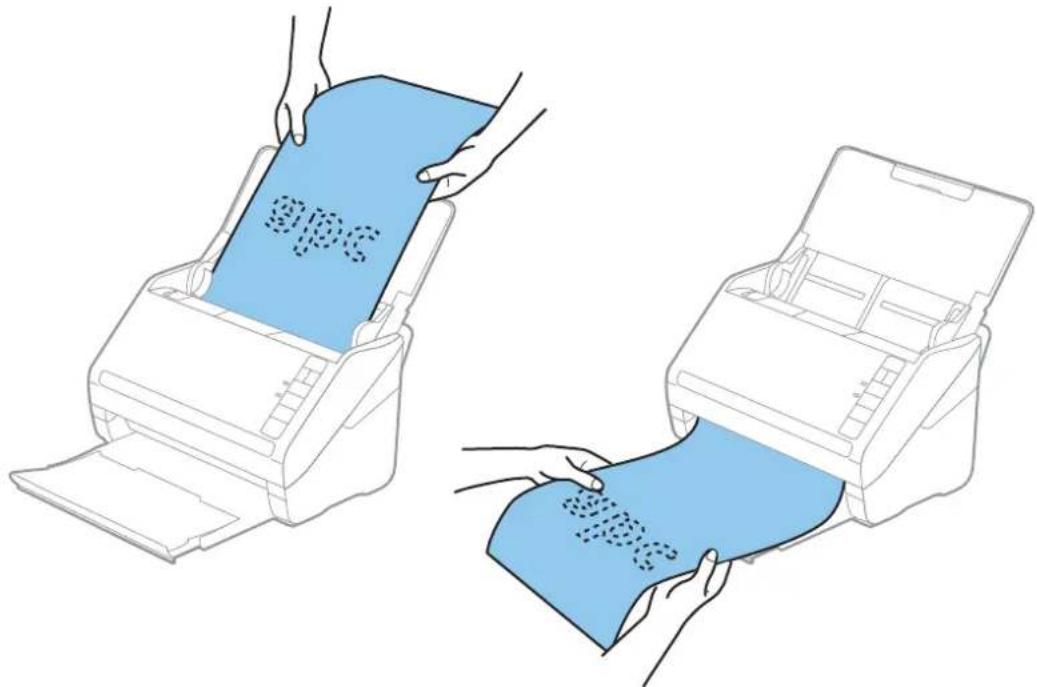 Illustration of two hands inserting a blue paper into a printer, showing the process (no text or symbols present)