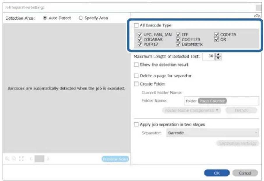 Job Separation Settings Detection Area: ● Auto Detect ○ Specify Area All Barcode Type ✓ UPC, EAN, JAN ✓ ITF ✓ CODE39 ✓ CODABAR ✓ CODE128 ✓ QR ✓ PDF417 ✓ DataMatrix Maximum Length of Detected Text: 30 Show the detection result Delete a page for separator Create Folder Current Folder Name: Folder Name…