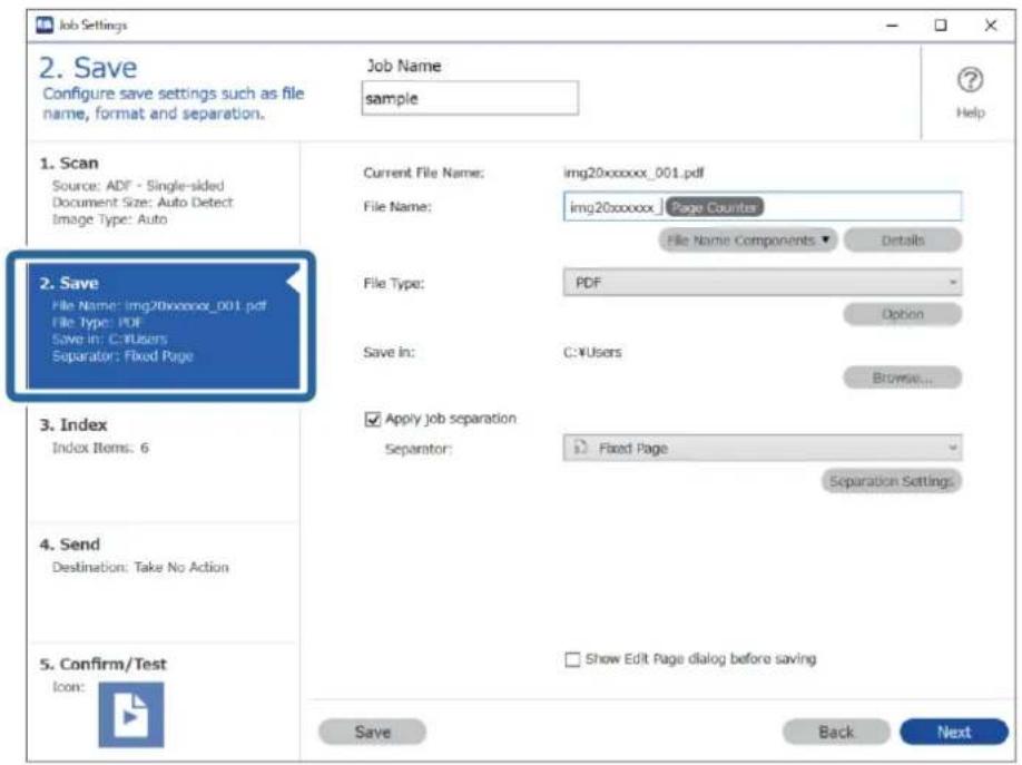 Job Settings 2. Save Configure save settings such as file name, format and separation. Job Name: sample Help 1. Scan Source: ADF - Single-sided Document Size: Auto Detect Image Type: Auto Current File Name: img20xxxxxx_001.pdf File Name: img20xxxxxx Page Counter File Name Components Details 2. Save…