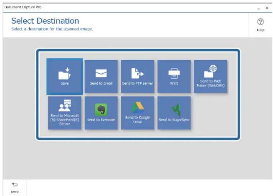 Document Capture Pro Select Destination Select a destination for the scanned image. Save Send to Email Send to FTP server Print Send to Web Folder (WebDAV) Send to Microsoft (R) SharePoint(R) Server Send to Evemote Send to Google Drive Send to SugoSync Back