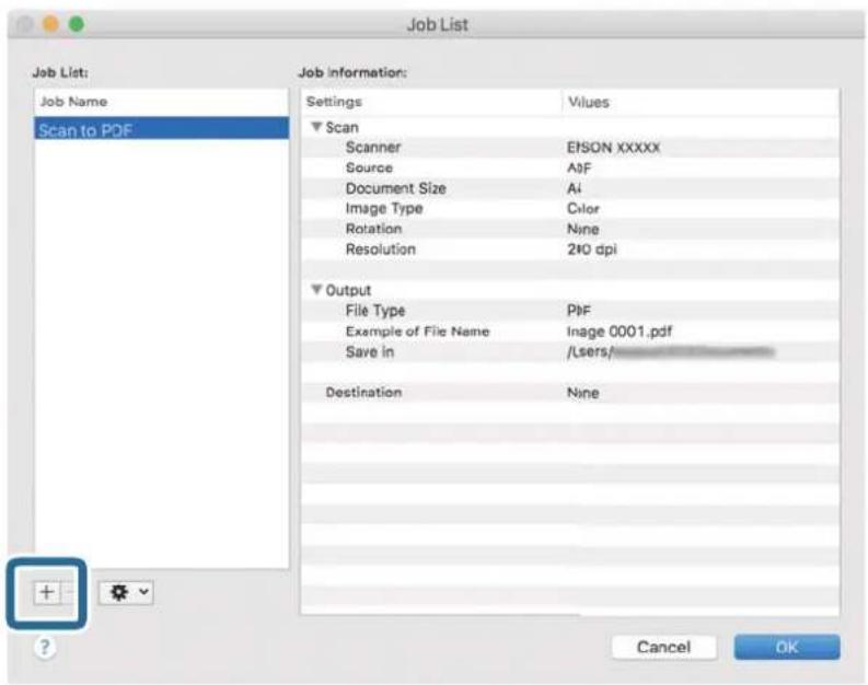 Job List Job List: Job Name Scan to PDF Job Information: Settings Values Scan Scanner EHSON XXXXX Source A0F Document Size Ai Image Type.Color Rotation None Resolution 2*0 dpi Output File Type P0F Example of File Name kilograms 0001.pdf Save In /Users/ Destination None Cancel OK