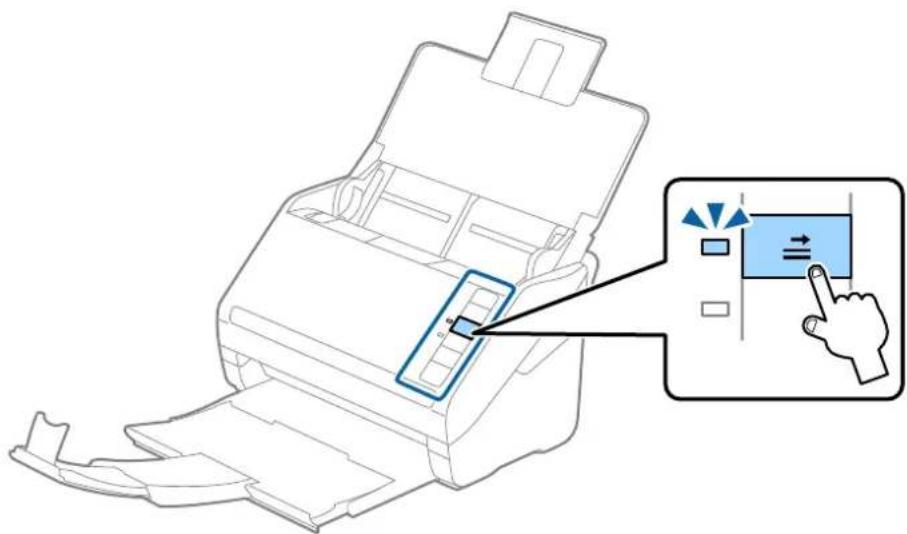 Diagram of a printer with a button and cursor icon, showing a zoomed-in view of the button.
