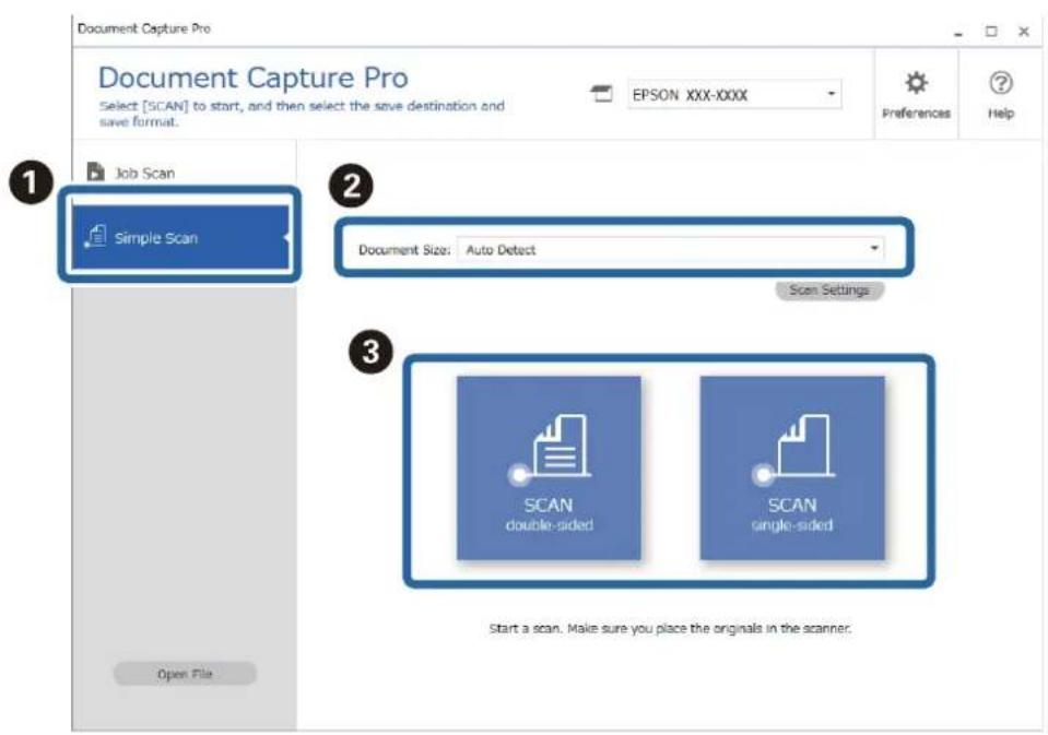 Document Capture Pro Select [SCAN] to start, and then select the save destination and save format. EPSON XXX-XXXX Preferences Help Job Scan Simple Scan Document Size: Auto Detect Scan Settings 3 SCAN double-sided SCAN single-sided Start a scan. Make sure you place the originals in the scanner. Open…