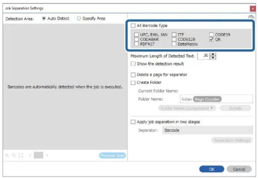 Job Separation Settings Detection Area: ● Auto Detect ○ Specify Area All Barcode Type UPC, EAN, JAN ITF CODE39 CODABAR CODE128 QR PDF417 DataMatrix Maximum Length of Detected Text: 30 Show the detection result Delete a page for separator Create Folder Current Folder Name: Folder Name: folder Page Co…