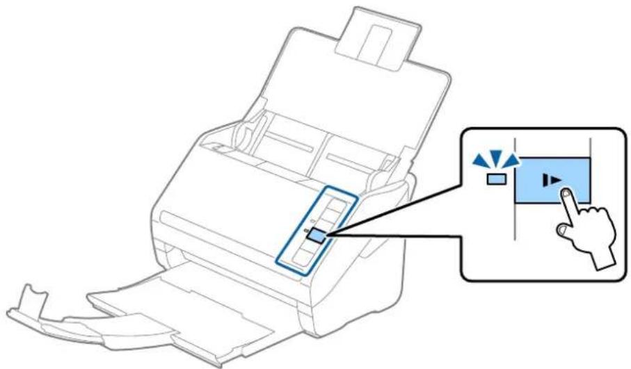 Diagram of a printer with a button and click icon, showing action buttons and a finger pointing to the button.