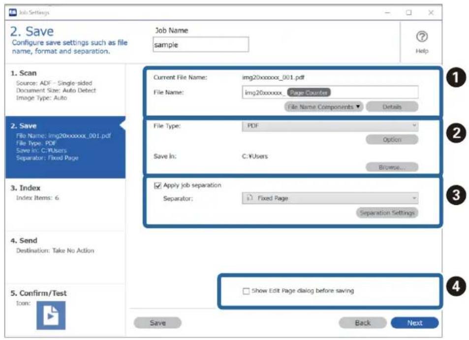 Job Settings 2. Save Configure save settings such as file name, format and separation. Job Name: sample Help 1. Scan Source: ADF - Single-sided Document Size: Auto Detect Image Type: Auto 2. Save File Name: img20xxxxxx_001.pdf File Type: PDF Save in: C:\Users Separator: Fixed Page 3. Index Index Ite…