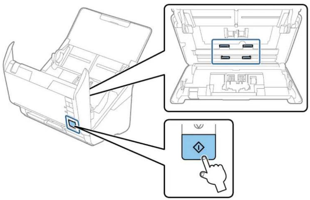 Diagram showing a device interior with labeled components and a finger pointing to a blue button, likely illustrating a system or application interface.