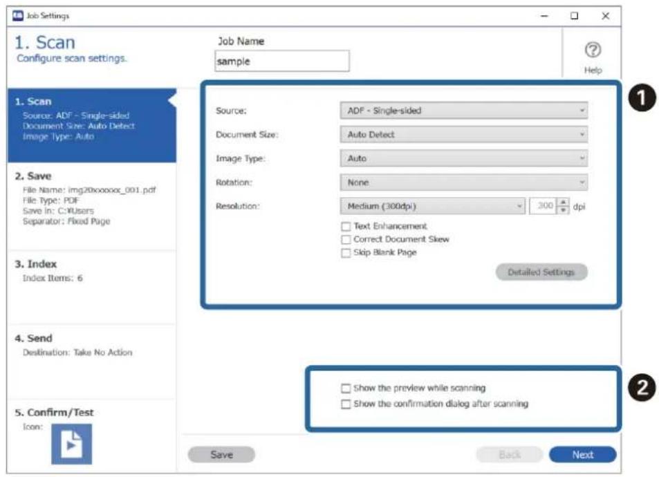 Job Settings 1. Scan Configure scan settings. Job Name: sample Help 1. Scan Source: ADF - Single-sided Document Size: Auto Detect Image Type: Auto 2. Save File Name: img20xxxxxx_001.pdf File Type: PDF Save In: C:\Users Separator: Fixed Page 3. Index Index Items: 6 4. Send Destination: Take No Action…