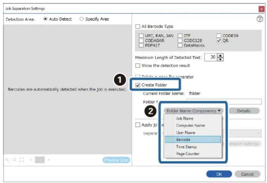 Job Separation Settings Detection Area: ● Auto Detect ○ Specify Area All Barcode Type UPC, EAN, JAN ITF CODE39 CODABAR CODE128 QR PDF417 DataMatrix Maximum Length of Detected Text: 30 Show the detection result Delete a new separator Create Folder Current Folder Name: folder Folder Name Components Jo…