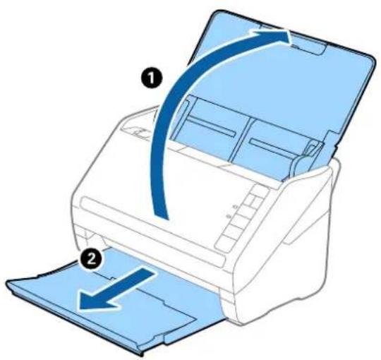 Diagram of a printer with blue arrows indicating process flow, labeled with numbers ① and ②