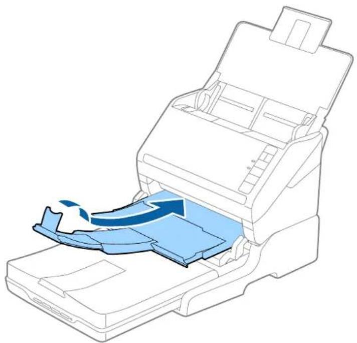 Diagram of a printer with a blue arrow indicating the process (no text or symbols present).