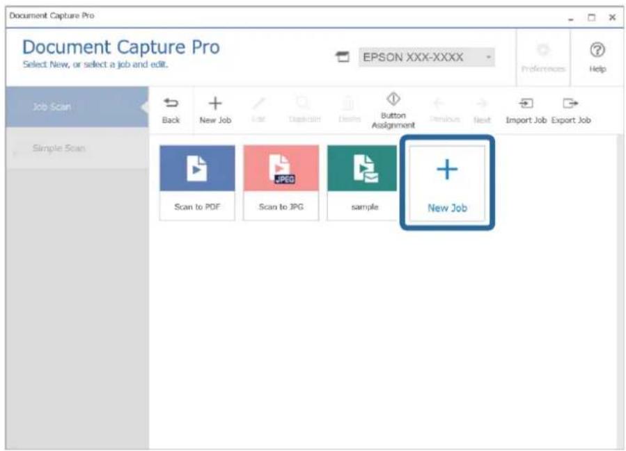 Document Capture Pro Select New, or select a job and edit. EPSON XXX-XXXX Job Scan Back + + New Job List Classify Options Button Assignment Previous Next Import Job Export Job Simple Scan Scan to PDF Scan to JPG sample + New Job
