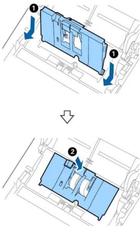 Diagram showing two steps of a blue mechanical component with directional arrows indicating movement or assembly.