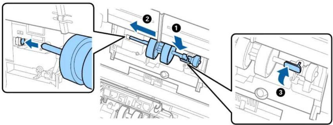 Technical diagram showing mechanical assembly steps with numbered components and directional arrows indicating motion.