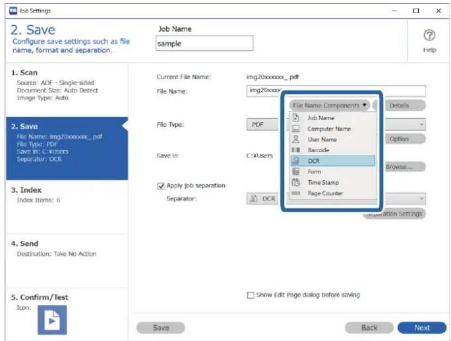 Job Settings 2. Save Configure save settings such as file name, format and separation. Job Name: sample Help 1. Scan Source: ADF - Single-sided Document Size: Auto Detect Image Type: Auto 2. Save File Name: img20xxxxxx.pdf File Type: PDF Save in: C:\Users Separator: OCR 3. Index Index Items: 6 4. Se…