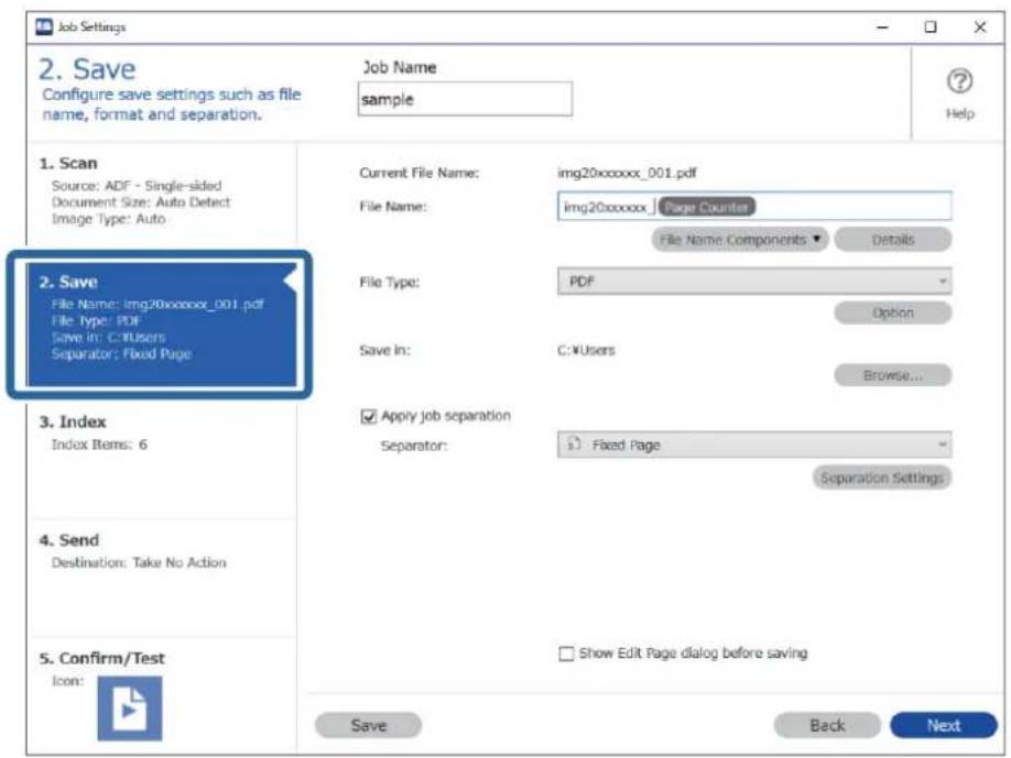 Job Settings 2. Save Configure save settings such as file name, format and separation. Job Name sample Help 1. Scan Source: ADF - Single-sided Document Size: Auto Detect Image Type: Auto Current File Name: img20xxxxxx_001.pdf File Name: img20xxxxxx Page Counter File Name Components Details 2. Save F…