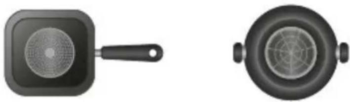 Two kitchen utensils: a square pan with a side fan and a circular pan with a mesh grille (no text or symbols).