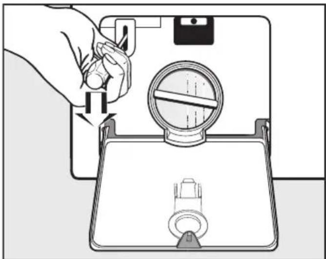 Illustration of a hand using a tool to adjust a device with a circular dial and handle (no text or symbols)