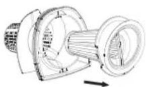 Technical line drawing of a mechanical component with internal parts and directional arrow (no text or symbols)