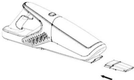 Line drawing of a handheld vacuum cleaner with internal components and a separate view showing internal structure (no text or symbols)