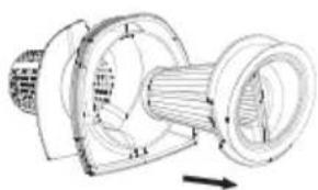 Technical line drawing of a mechanical component with internal parts and an arrow indicating direction (no text or symbols)