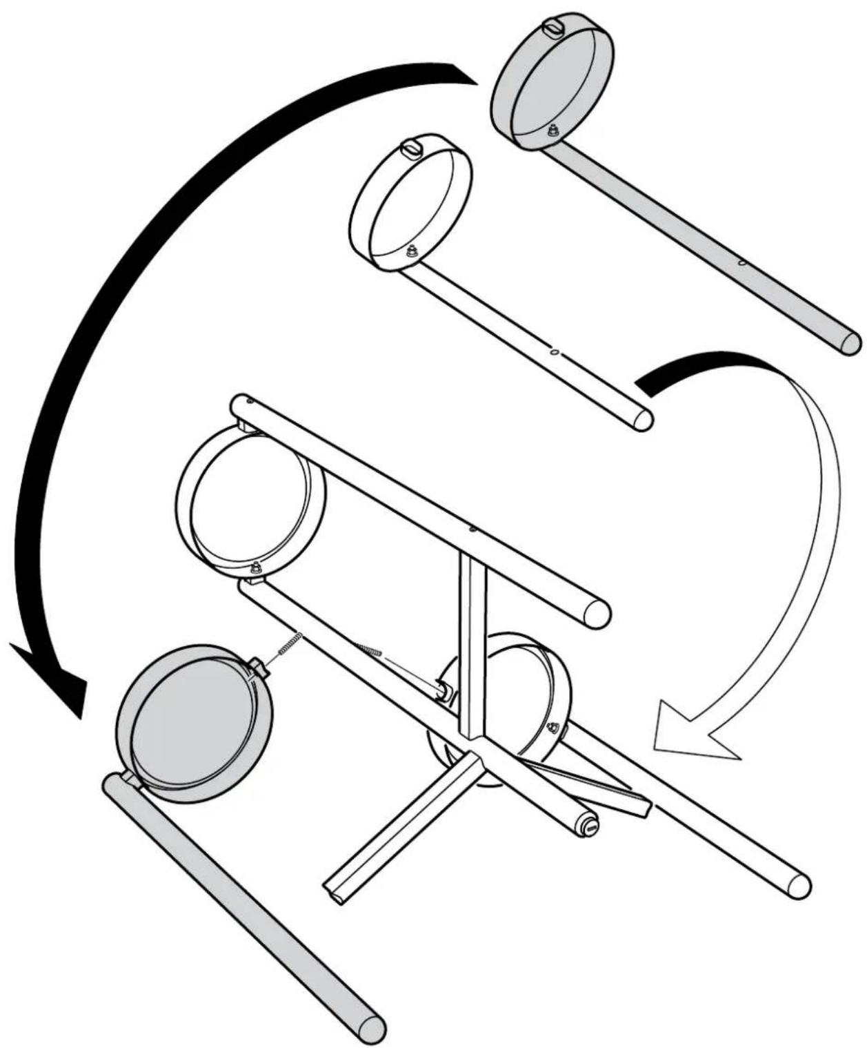 Diagram of a mechanical device with rotating arms and a curved arrow indicating motion (no text or symbols)