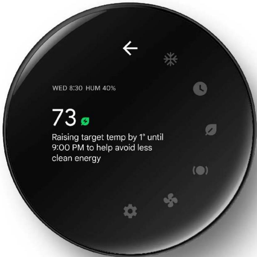 WED 8:30 HUM 40% 73 Raising target temp by 1° until 9:00 PM to help avoid less clean energy