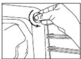Line drawing of a hand adjusting a mechanical component with a curved arrow indicating rotation (no text or symbols)