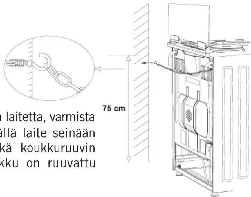 Laitetta varmista alla laite seinään käyttäen koukkuruuvia, kun koukku on ruuvattu 75 cm:n korkeudelle.