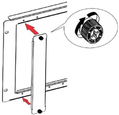 Technical diagram showing mechanical assembly with red arrows indicating direction and an inset image of a rotating component.