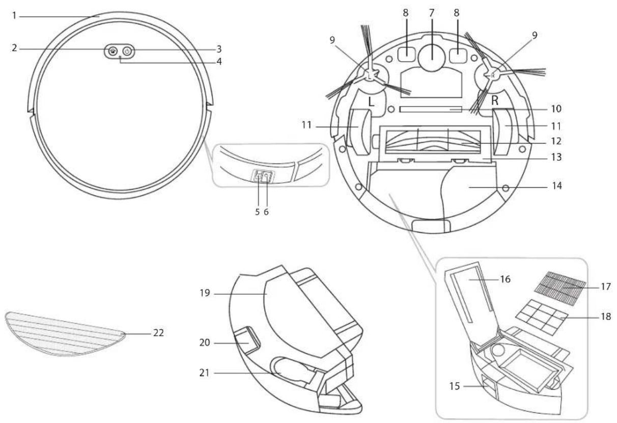 Technical diagram of a device's internal components with numbered parts, including circular casing, fan, and various labeled parts.