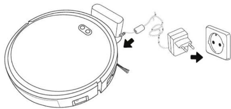 Diagram showing a circular device connected to an electrical socket, with arrows indicating cable connection and power outlet.