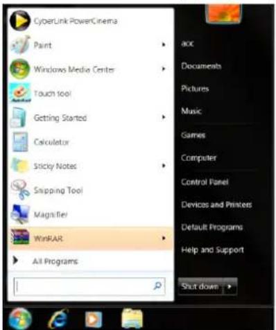 CyberLink PowerCinema Paint Windows Media Center Touch tool Getting Started Calculator Sticky Notes Snipping Tool Magnifier WinRAR All Programs acc Documents Pictures Music Games Computer Control Panel Devices and Printers Default Programs Help and Support Shut down