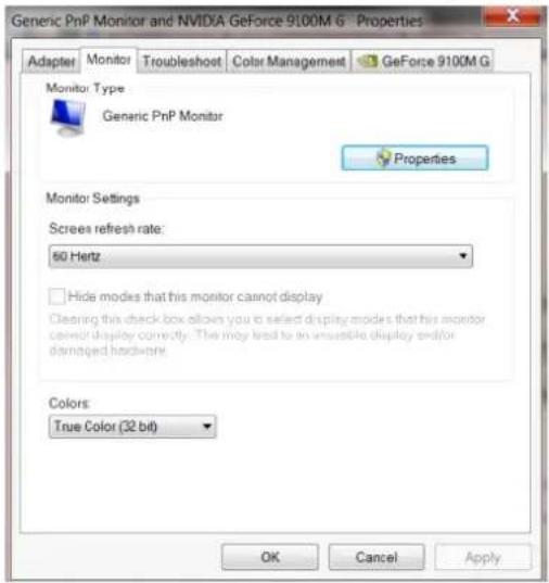 Generic PnP Monitor and NVIDIA GeForce 9100M G Properties Adapter Monitor Troubleshoot Color Management GeForce 9100M G Monitor Type Generic PnP Monitor Properties Monitor Settings Screen refresh rate: 60 Hertz Hide modes that this monitor cannot display Clearing this check box allows you to select…