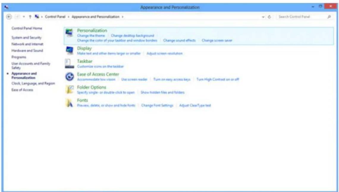 Appearance and Personalization Control Panel Home System and Security Network and Internet Hardware and Sound Programs User Accounts and Family Safety Appearance and Personalization Clock, Language, and Region Ease of Access Personalization Change the theme Change desktop background Change the color…