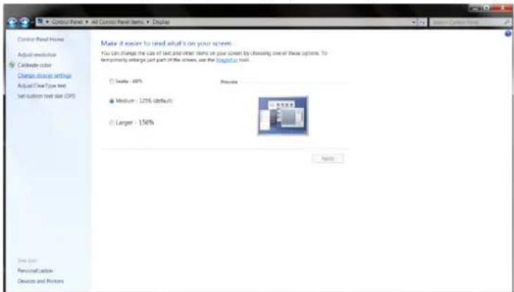 Control Panel Tools. Adjust text size, calibrate color, change display settings, adjust ClearType text, set custom text size (DPI). Make it easier to read what's on your screen. You can change the size of text and other items on your screen by choosing one of these options. To temporarily enlarge ju…