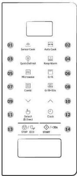 01 SensorCheck Auto Check 02 03 Quick Defrost Keep Warm 04 05 Microwave Grill 06 07 Combl Grill+30s 08 09 ✓ ↑ 10 11 Select Clock (1 sek) (1 sek) 12 13 STOP ECO START 14