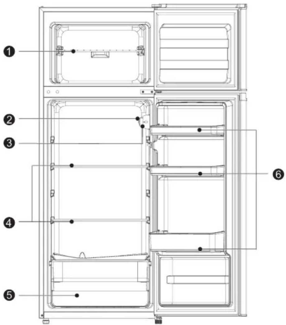 Technical diagram of a refrigerator interior with numbered components for identification.