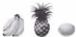 Black-and-white photo of three fruits: banana, pineapple, and egg (no text or symbols)